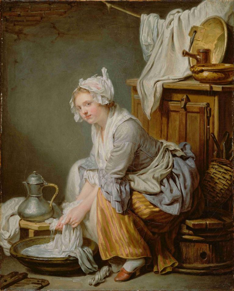 The Laundress,洗衣女工,Jean-Baptiste Greuze,让-巴蒂斯特-格吕兹,油画,油画, 1个女孩, 美术模仿, 独奏, 头巾, 实际的, 传统媒体, 金头发, 在室内, 绘画（中）, 坐着