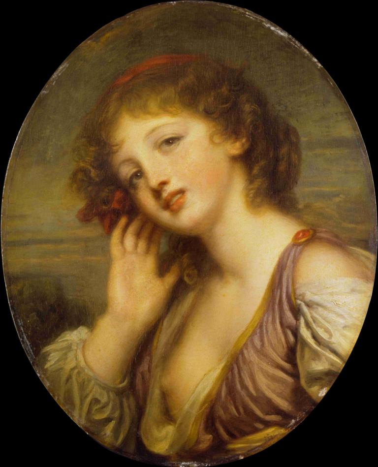 The Listening Woman,倾听的女人,Jean-Baptiste Greuze,让-巴蒂斯特-格吕兹,油画,油画, 1个女孩, 独奏, 实际的, 美术模仿, 棕色的头发, 张开双唇, 卷发, 上半身