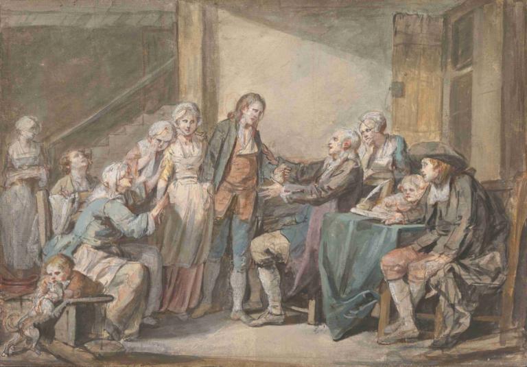 The Marriage Contract,婚姻契约,Jean-Baptiste Greuze,让-巴蒂斯特-格吕兹,油画,油画, 多个女孩, 多个男孩, 桌子, 胡须, 帽子, 6+男孩, 坐着, 老的, 金头发