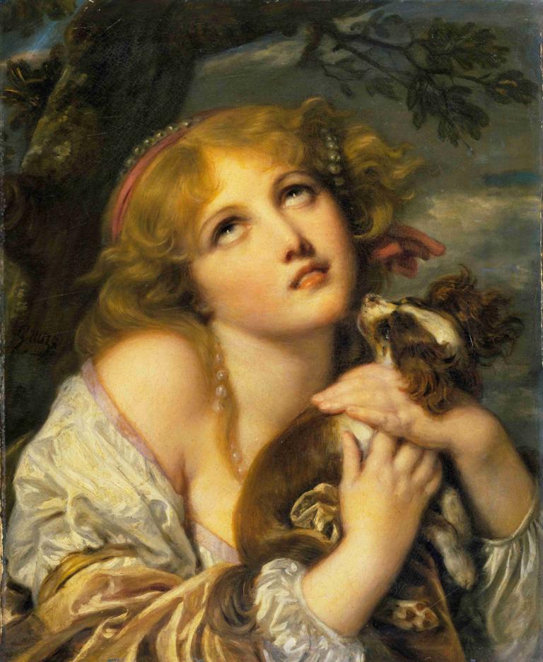 The Souvenir,纪念品,Jean-Baptiste Greuze,让-巴蒂斯特-格吕兹,油画,油画, 1个女孩, 美术模仿, 金头发, 抬头看, 独奏, 戏仿, 树, 实际的, 假传统媒体, 项链, 珠宝