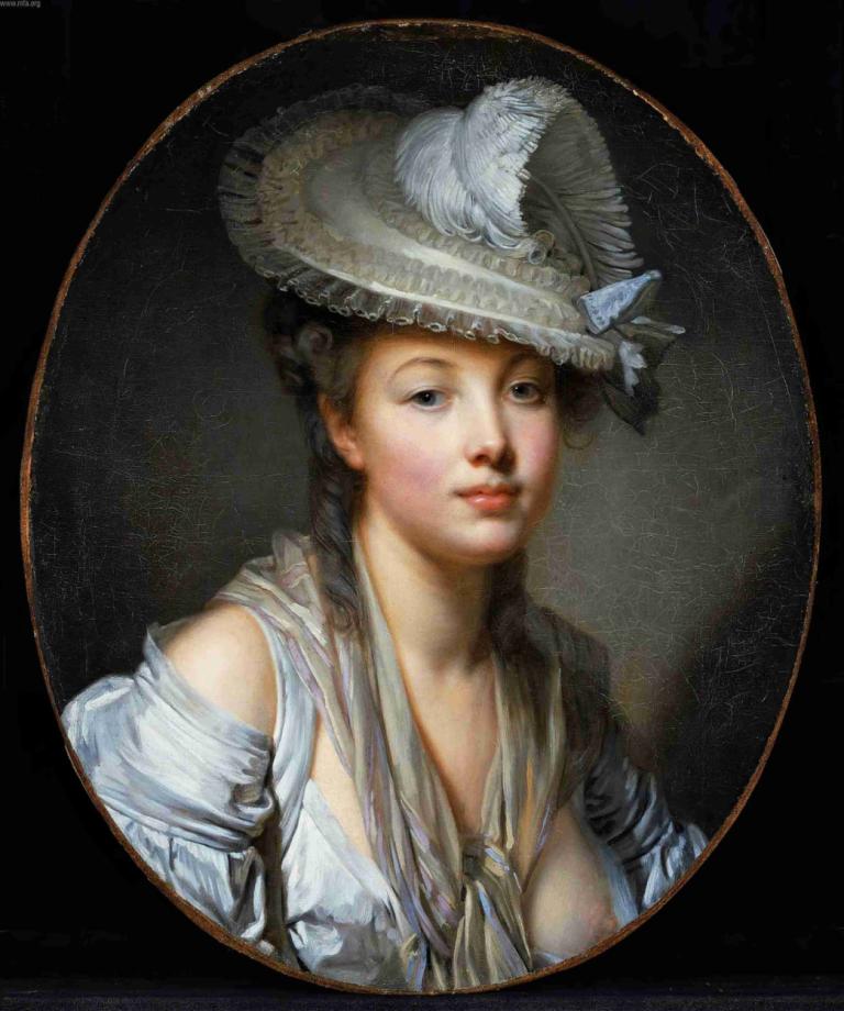 The White Hat,白帽子,Jean-Baptiste Greuze,让-巴蒂斯特-格吕兹,油画,油画, 1个女孩, 独奏, 帽子, 实际的, 蓝眼睛, 上半身, 乳房, 黑发