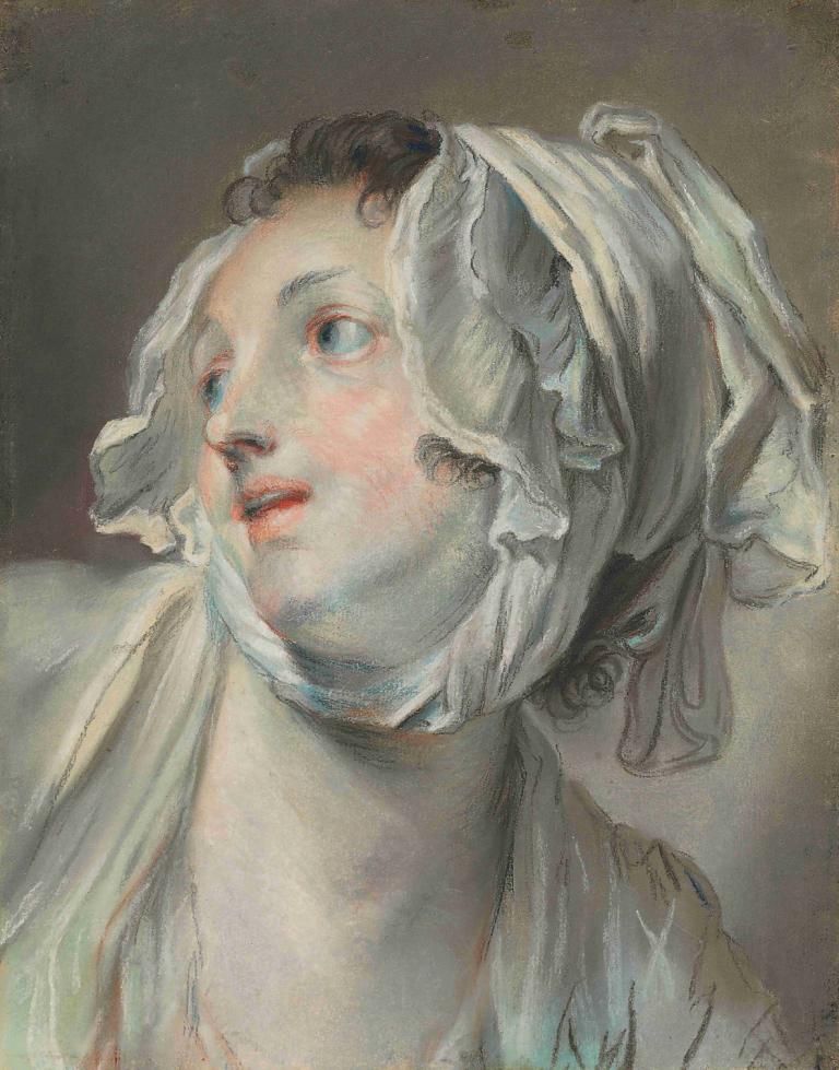 The head of a young woman wearing a bonnet and facing left,头戴花帽、面朝左侧的年轻女性头像,Jean-Baptiste Greuze,让-巴蒂斯特-格吕兹