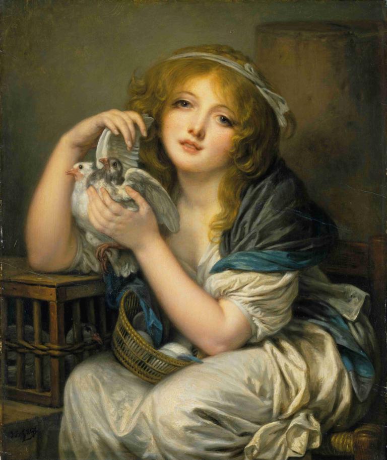 Woman with Doves,与鸽子在一起的女人,Jean-Baptiste Greuze,让-巴蒂斯特-格吕兹,油画,油画, 美术模仿, 1个女孩, 金头发, 篮子, 独奏, 实际的, 蓝眼睛, 裙子, 戏仿