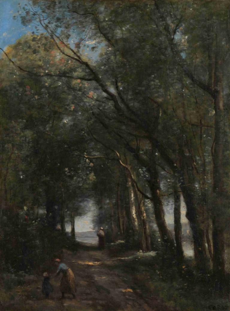 A Lane through the Trees,Jean-Baptiste-Camille Corot,Oil Painting,Oil Painting, tree, outdoors, nature