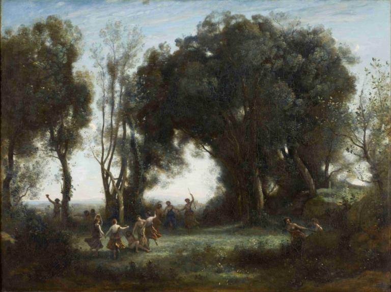 A Morning. The Dance of the Nymphs,Jean-Baptiste-Camille Corot,Oil Painting,Oil Painting, tree, outdoors