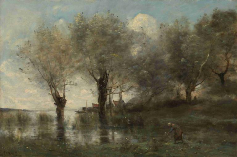 A Pond in Picardy,Jean-Baptiste-Camille Corot,Oil Painting,Oil Painting, tree, scenery, outdoors, sky, cloud