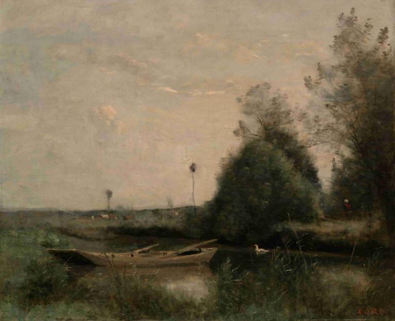 A Pond in Mortain,モルテインの池,Jean-Baptiste-Camille Corot,ジャン＝バティスト＝カミーユ・コロー,油絵,油絵, 景色, 木, 人間がいない, 屋外, 草, 雲, 空