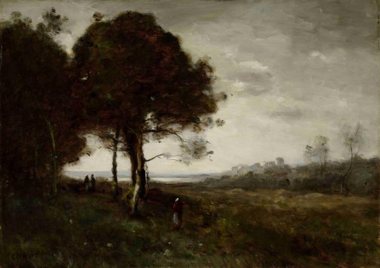 A Torrent at Romagnes,Jean-Baptiste-Camille Corot,Oil Painting,Oil Painting, tree, outdoors, scenery, cloud