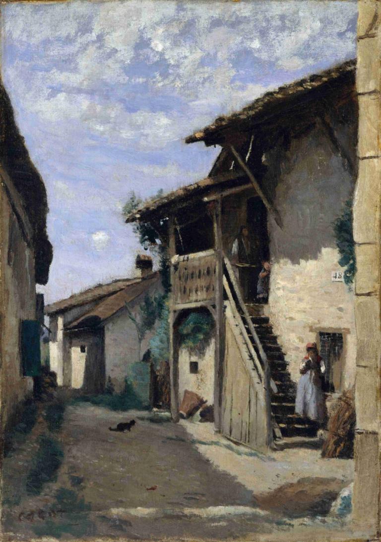 A Village Street; Dardagny,Jean-Baptiste-Camille Corot,Oil Painting,Oil Painting, stairs, outdoors, sky