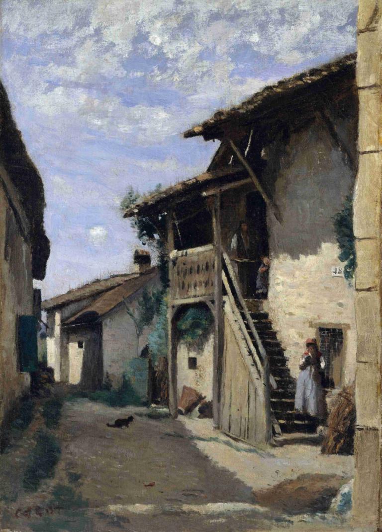 A Village Street- Dardagny,乡村街道--达达尼,Jean-Baptiste-Camille Corot,让-巴蒂斯特-卡米耶-柯罗,油画,油画, 1个女孩, 户外, 天空, 传统媒体, 楼梯