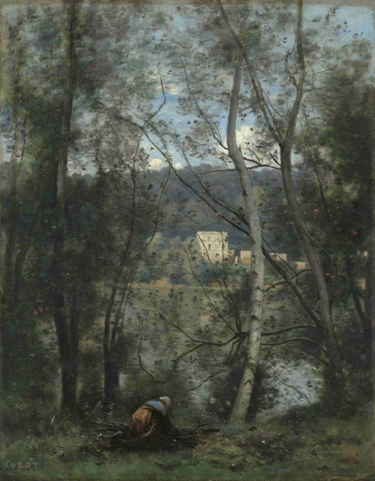 A Woman Gathering Faggots at Ville-d'Avray,Jean-Baptiste-Camille Corot,Oil Painting,Oil Painting, tree