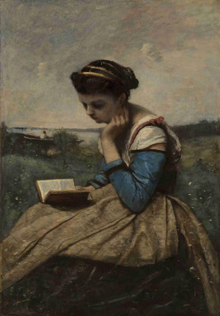 A Woman Reading,Jean-Baptiste-Camille Corot,Oil Painting,Oil Painting, 1girl, solo, book, fine art parody