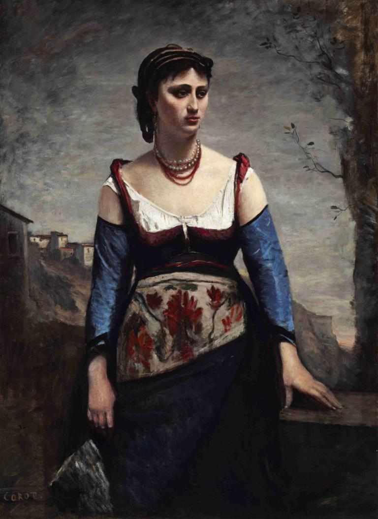 Agostina,Jean-Baptiste-Camille Corot,Oil Painting,Oil Painting, 1girl, fine art parody, jewelry, solo