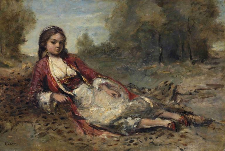 Algérienne,Algerierin,Jean-Baptiste-Camille Corot,Ölgemälde,Ölgemälde, 1Mädchen, Solo, draußen, lange Haare