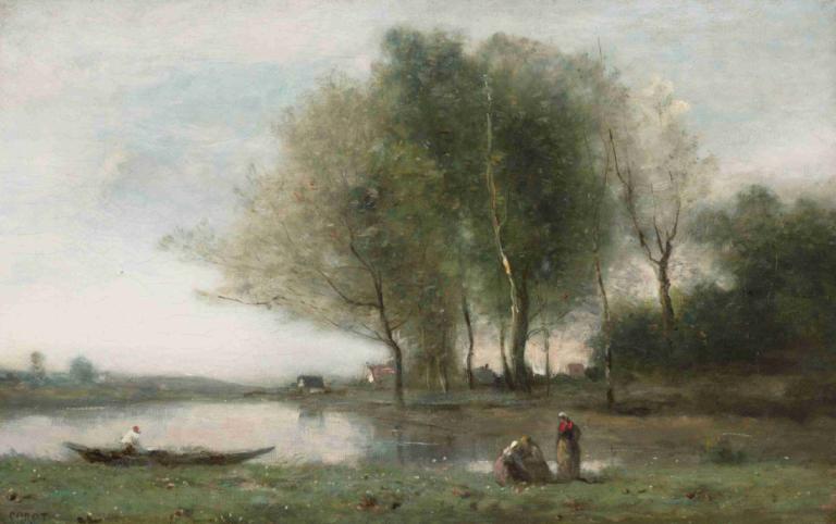 Arleux-du-Nord,알뤼 뒤 노르,Jean-Baptiste-Camille Corot,장 밥티스트-카미유 코로,오일 페인팅,오일 페인팅, 나무, 옥외, 경치, 잔디, 여러 소년, 물, 자연