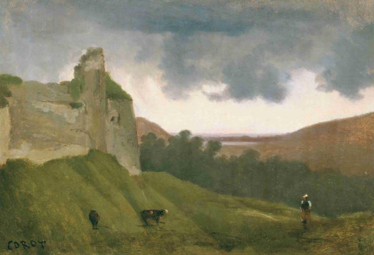 Arques, Ruines Du Chateau,Arque，廢墟中的城堡,Jean-Baptiste-Camille Corot,讓-巴蒂斯特-卡米爾-科羅,油畫,油畫, 戶外, 風景, 雲, 天空, 草