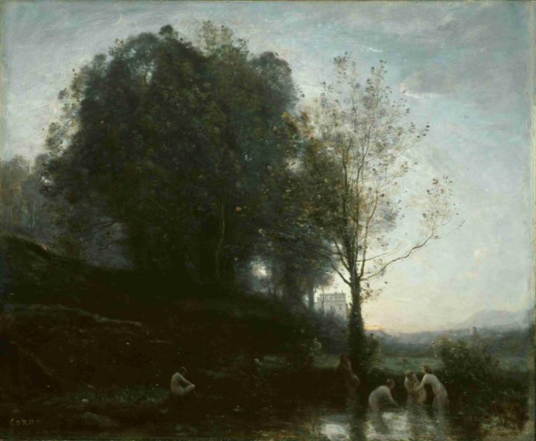 Bathing Nymphs and Child,Badende nymfer og barn,Jean-Baptiste-Camille Corot,Oliemaleri,Oliemaleri, træ