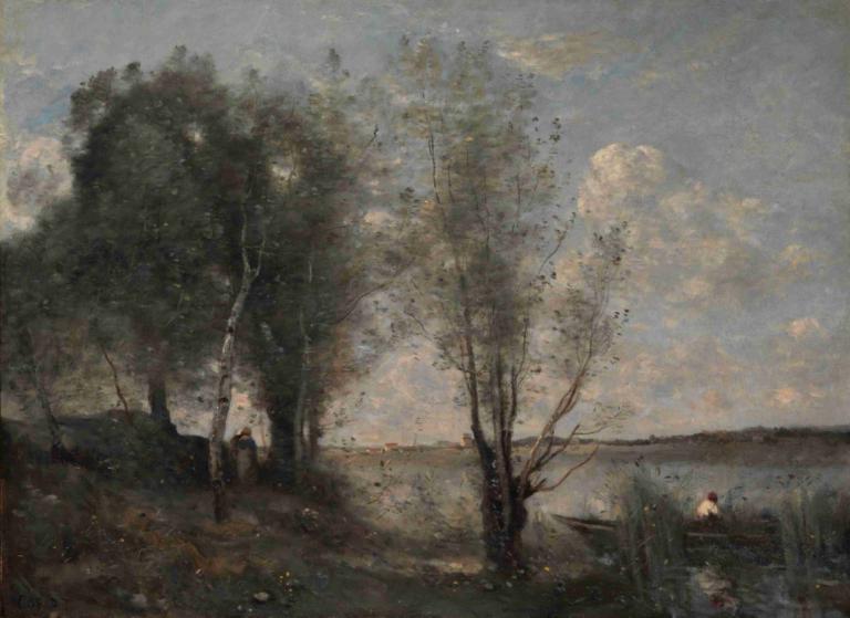 Boatman among the Reeds,Jean-Baptiste-Camille Corot,Oil Painting,Oil Painting, scenery, tree, outdoors, cloud