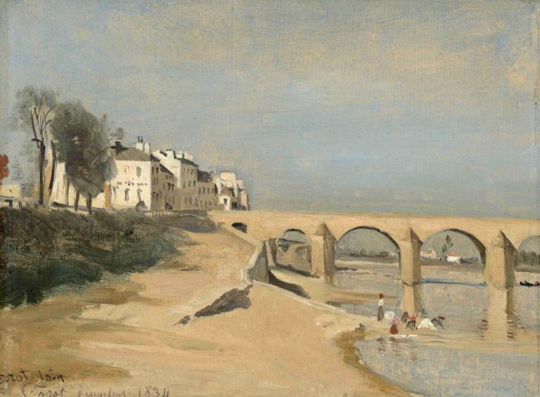 Bridge on the Saône River at Mâcon,マコンのソーヌ川にかかる橋,Jean-Baptiste-Camille Corot,ジャン＝バティスト＝カミーユ・コロー,油絵,油絵, 木, 屋外