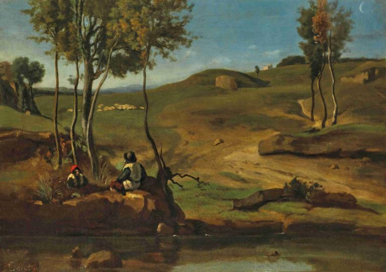 Campagne Italienne,Jean-Baptiste-Camille Corot,Lukisan cat minyak,Lukisan cat minyak, pohon, di luar rumah