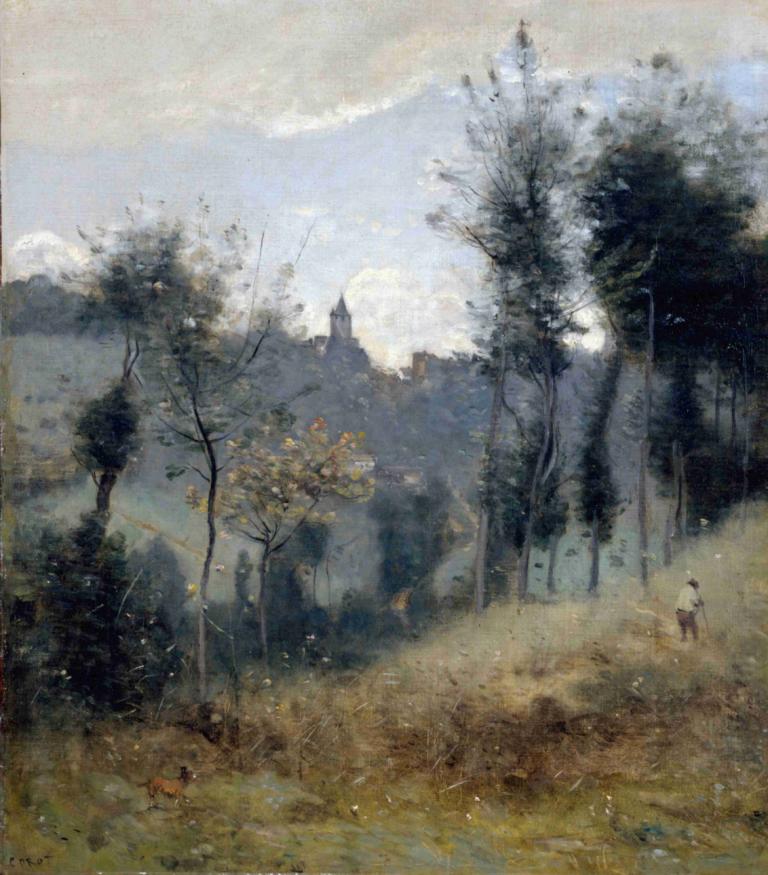 Canteleu,Jean-Baptiste-Camille Corot,Ölgemälde,Ölgemälde, Baum, Landschaft, draußen, Natur, Himmel