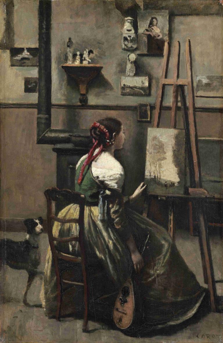 Corot's Studio - Woman Seated Before an Easel,a Mandolin in her Hand