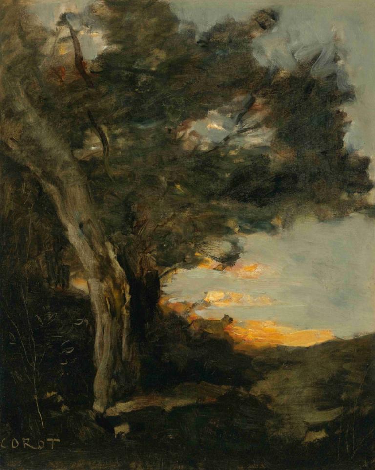 Coucher De Soleil Avec Une Lionne,Auringonlasku Lioness kanssa,Jean-Baptiste-Camille Corot,Öljymaalaus