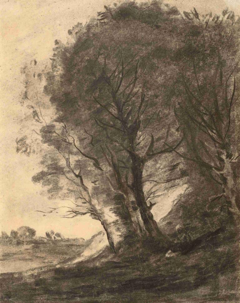 Figure assise dans un paysage arboré,Sosok yang sedang duduk di lanskap hutan,Jean-Baptiste-Camille Corot