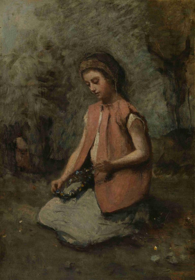 Girl Weaving a Garland,화환을 짜는 소녀,Jean-Baptiste-Camille Corot,장 밥티스트-카미유 코로,오일 페인팅,오일 페인팅, 독주, 여자 1명, 좌석