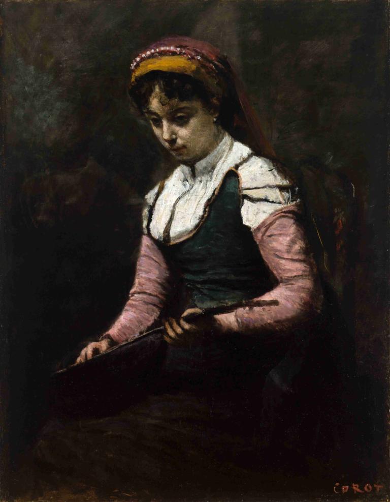 Girl with Mandolin,만돌린을 든 소녀,Jean-Baptiste-Camille Corot,장 밥티스트-카미유 코로,오일 페인팅,오일 페인팅, 독주, 미술 패러디, 여자 1명