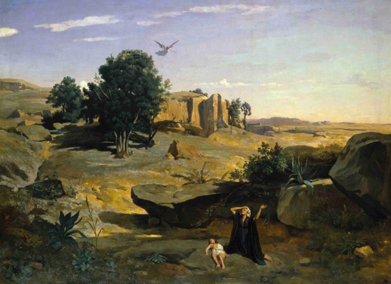 Hagar in the Wilderness,광야의 하갈,Jean-Baptiste-Camille Corot,장 밥티스트-카미유 코로,오일 페인팅,오일 페인팅, 옥외, 나무, 경치, 하늘, 모자