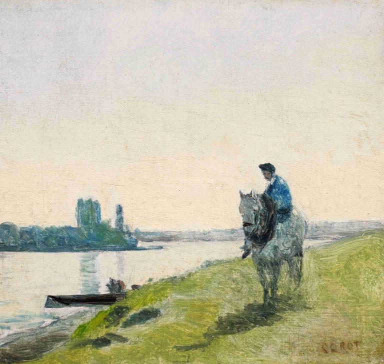 Haleur de bateau sur son cheval,말 위의 보트 히터,Jean-Baptiste-Camille Corot,장 밥티스트-카미유 코로,오일 페인팅,오일 페인팅, 말, 회화 (중)