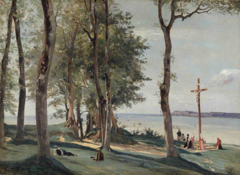 Honfleur; Calvary,옹플뢰르; 갈보리,Jean-Baptiste-Camille Corot,장 밥티스트-카미유 코로,오일 페인팅,오일 페인팅, 나무, 경치, 옥외, 전통 미디어, 구름