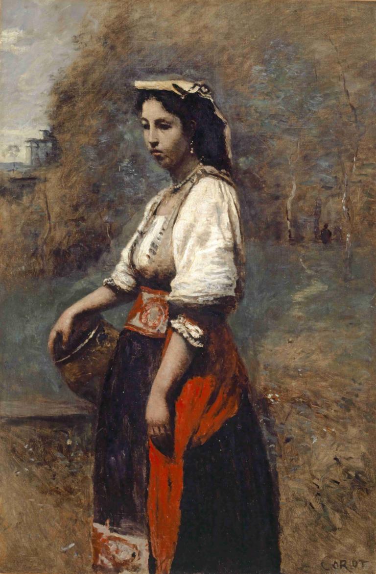 Italian Woman at the Well,Italiensk kvinde ved brønden,Jean-Baptiste-Camille Corot,Oliemaleri,Oliemaleri