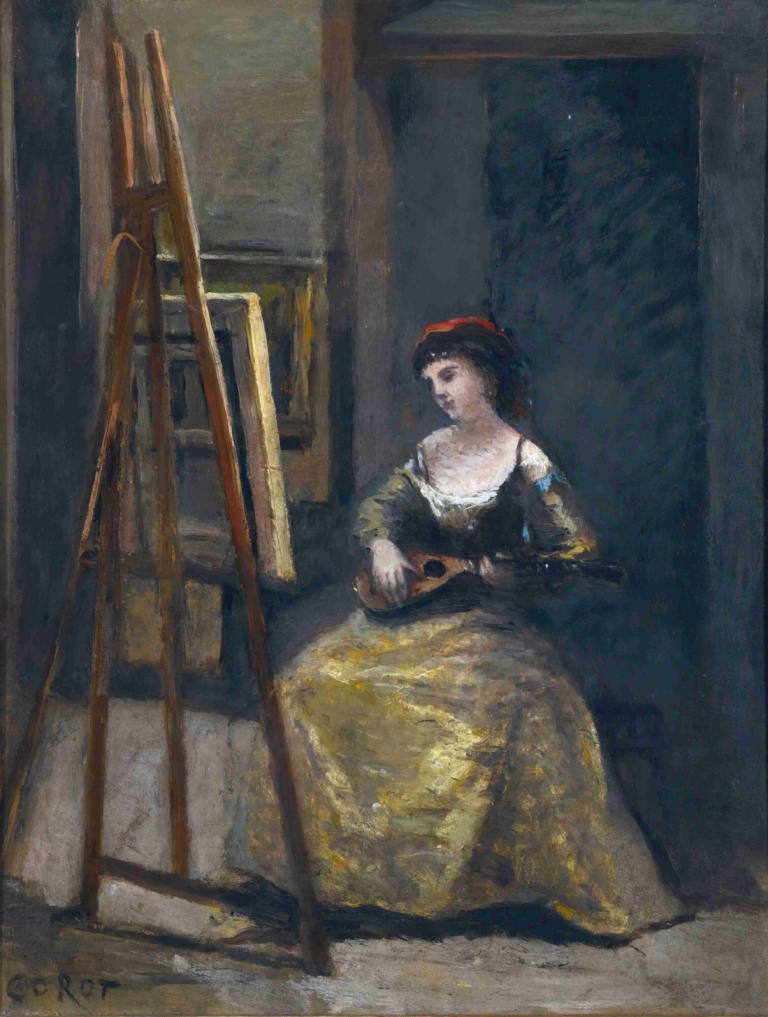 Jeune Femme Jouant De La Mandoline,Ung kvinde spiller mandolin,Jean-Baptiste-Camille Corot,Oliemaleri