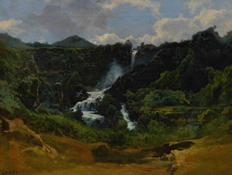 La Cascade de Terni,테르니의 폭포,Jean-Baptiste-Camille Corot,장 밥티스트-카미유 코로,오일 페인팅,오일 페인팅, 경치, 옥외, 폭포, 자연, 인간은 없어