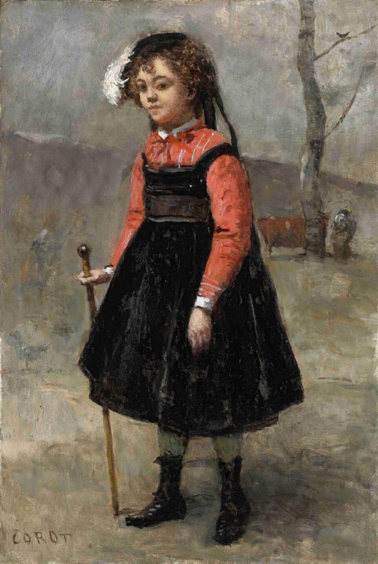 La Petite Pie,라 쁘띠 파이,Jean-Baptiste-Camille Corot,장 밥티스트-카미유 코로,오일 페인팅,오일 페인팅, 여자 1명, 독주, 드레스, 갈색 머리, 빨간 셔츠