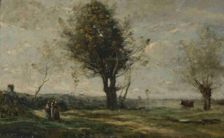 La Rencontre Au Bord Du Chemin,라 랑캉뜨 오 보르 뒤 슈민,Jean-Baptiste-Camille Corot,장 밥티스트-카미유 코로,오일 페인팅,오일 페인팅, 나무