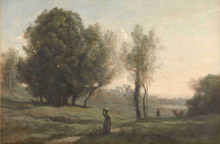 Landscape,랜드스케이프,Jean-Baptiste-Camille Corot,장 밥티스트-카미유 코로,오일 페인팅,오일 페인팅, 나무, 옥외, 경치, 잔디, 모자, 하늘