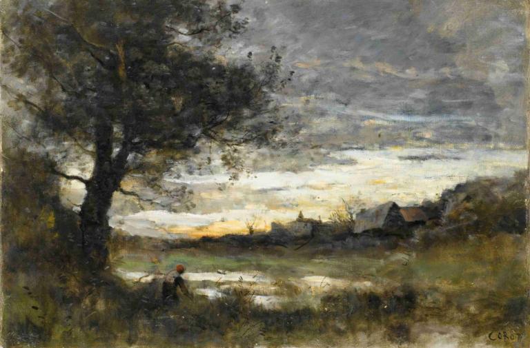 Landscape At Sunset,석양의 풍경,Jean-Baptiste-Camille Corot,장 밥티스트-카미유 코로,오일 페인팅,오일 페인팅, 나무, 경치, 옥외, 구름, 1남, 잔디