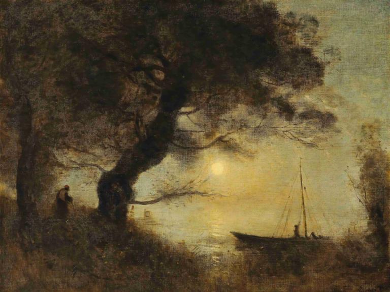 Le Bateau Au Claire De Lune,Jean-Baptiste-Camille Corot,Oljemålning,Oljemålning, vattenskotrar, träd, båt