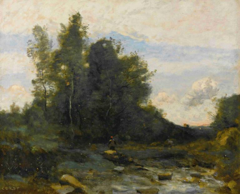 Le Torrent Pierreux,Jean-Baptiste-Camille Corot,Oljemålning,Oljemålning, utomhus, landskap, träd, solo