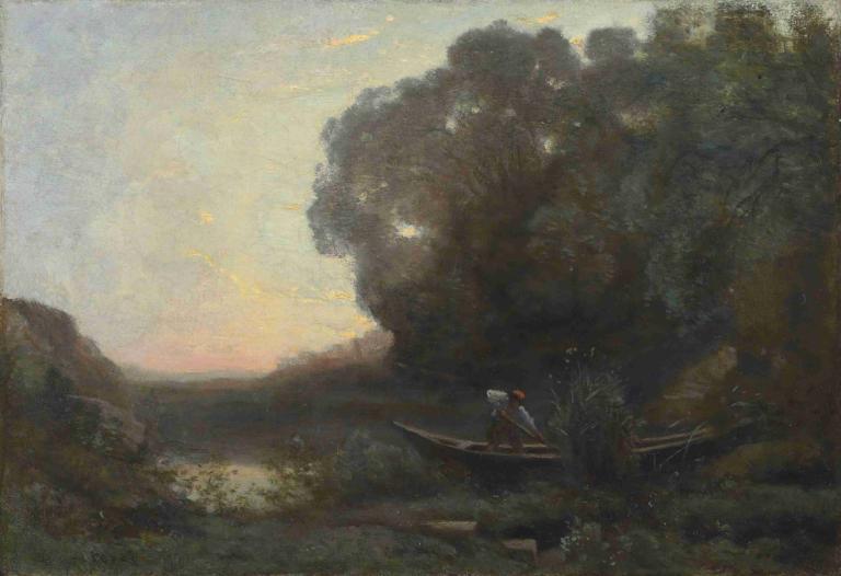 Le batelier à la rive. Soleil couchant,Båtföraren på stranden. Nedgående sol,Jean-Baptiste-Camille Corot