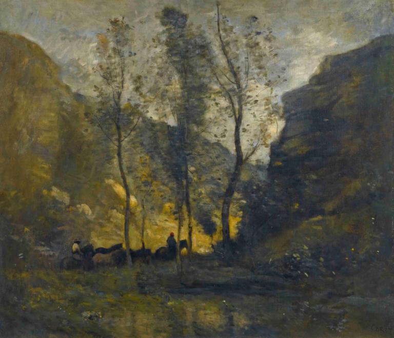 Les Contrebandiers,밀수꾼,Jean-Baptiste-Camille Corot,장 밥티스트-카미유 코로,오일 페인팅,오일 페인팅, 나무, 옥외, 경치, 자연, 전통 미디어, 숲