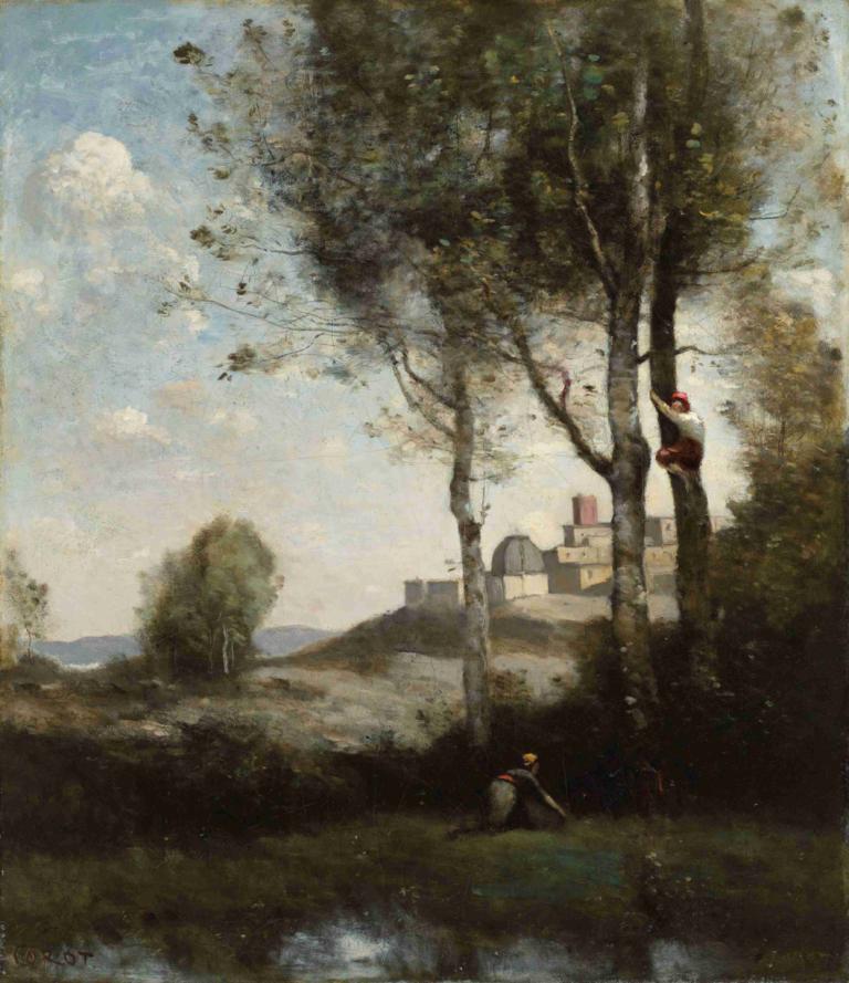 Les Dénicheurs Toscans,토스카나 스카우트,Jean-Baptiste-Camille Corot,장 밥티스트-카미유 코로,오일 페인팅,오일 페인팅, 나무, 옥외, 하늘, 구름, 1남