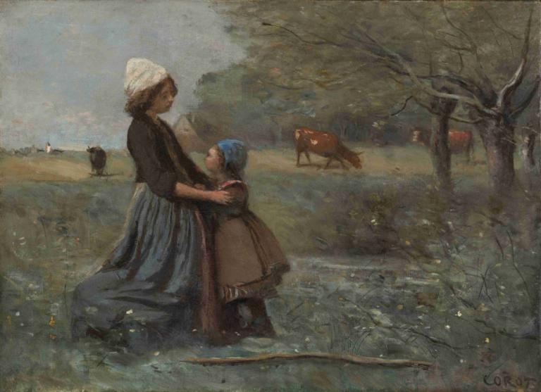 Les Deux Sœurs Dans La Prairie,대초원의 두 자매,Jean-Baptiste-Camille Corot,장 밥티스트-카미유 코로,오일 페인팅,오일 페인팅, 여러 여자