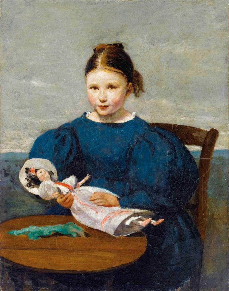 Little Girl with A Doll,Lille pige med en dukke,Jean-Baptiste-Camille Corot,Oliemaleri,Oliemaleri