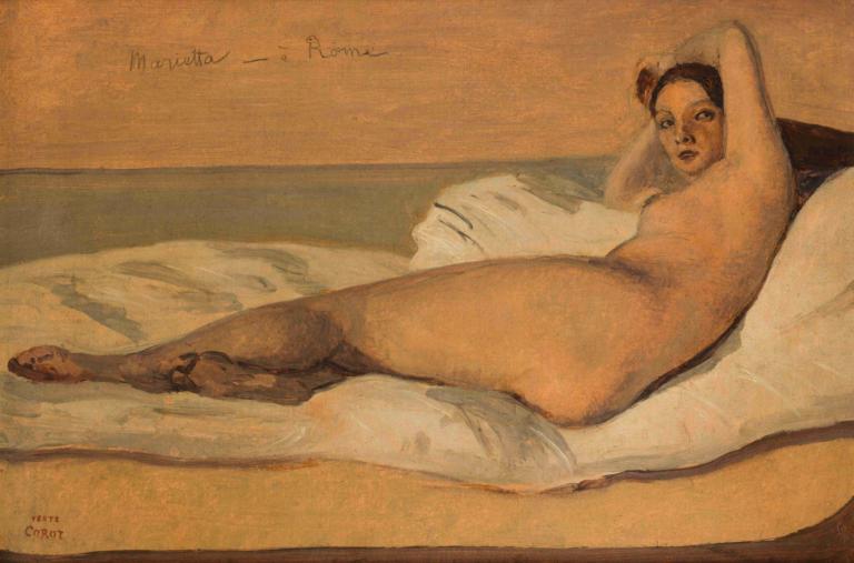 Marietta,Jean-Baptiste-Camille Corot,Pittura ad olio,Pittura ad olio, 1 ragazza, assolo, nudo, dire bugie