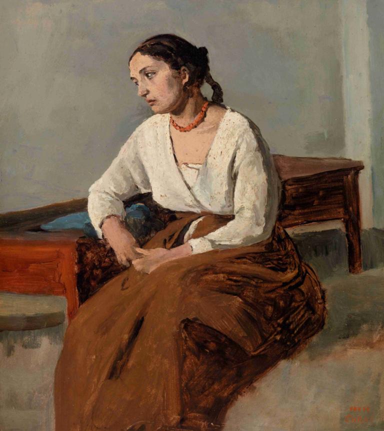 Melancholy Italian Woman,Donna italiana malinconica,Jean-Baptiste-Camille Corot,Pittura ad olio