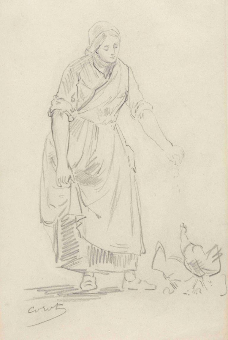 Peasant Girl Feeding Chickens (1800s,Contadina che dà da mangiare alle galline (1800)